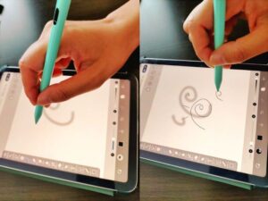 スタイラスペンを使いアイビスペイントでイラストを描いている