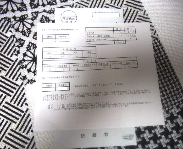 紛失したと思っていたR7年度司法書士試験の成績通知書