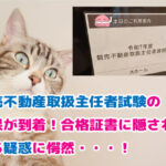 競売不動産取扱主任者試験の看板と首をかしげる猫