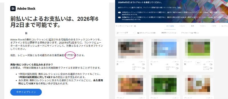 AdobeStockの2026年度無料コレクションの登録画面