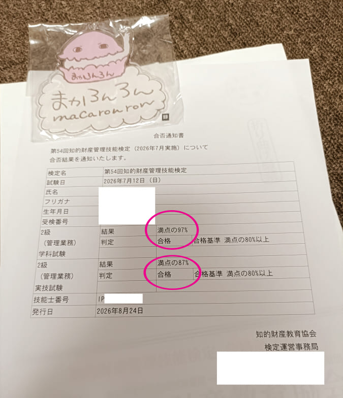 2026年第54回二級知的財産管理技能士の合否通知書